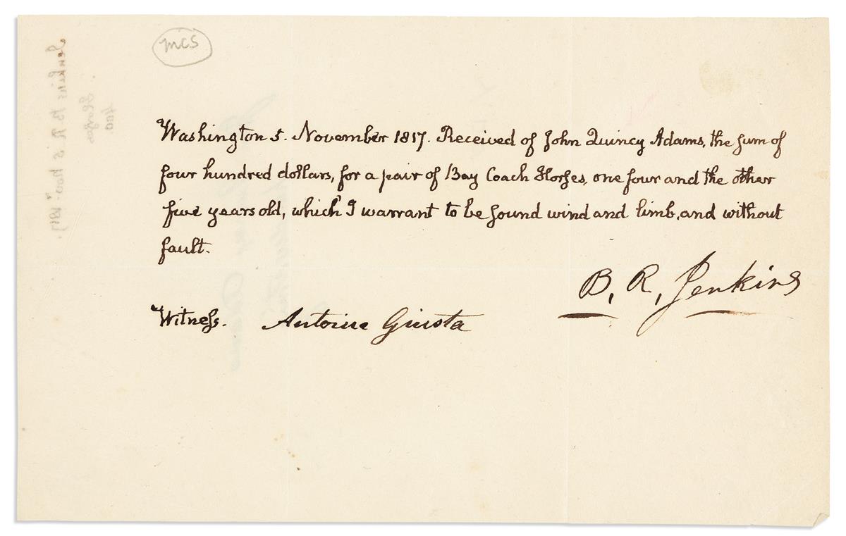 ADAMS, JOHN QUINCY. Autograph Document Signed, as Secretary of State, in the third person within the text,